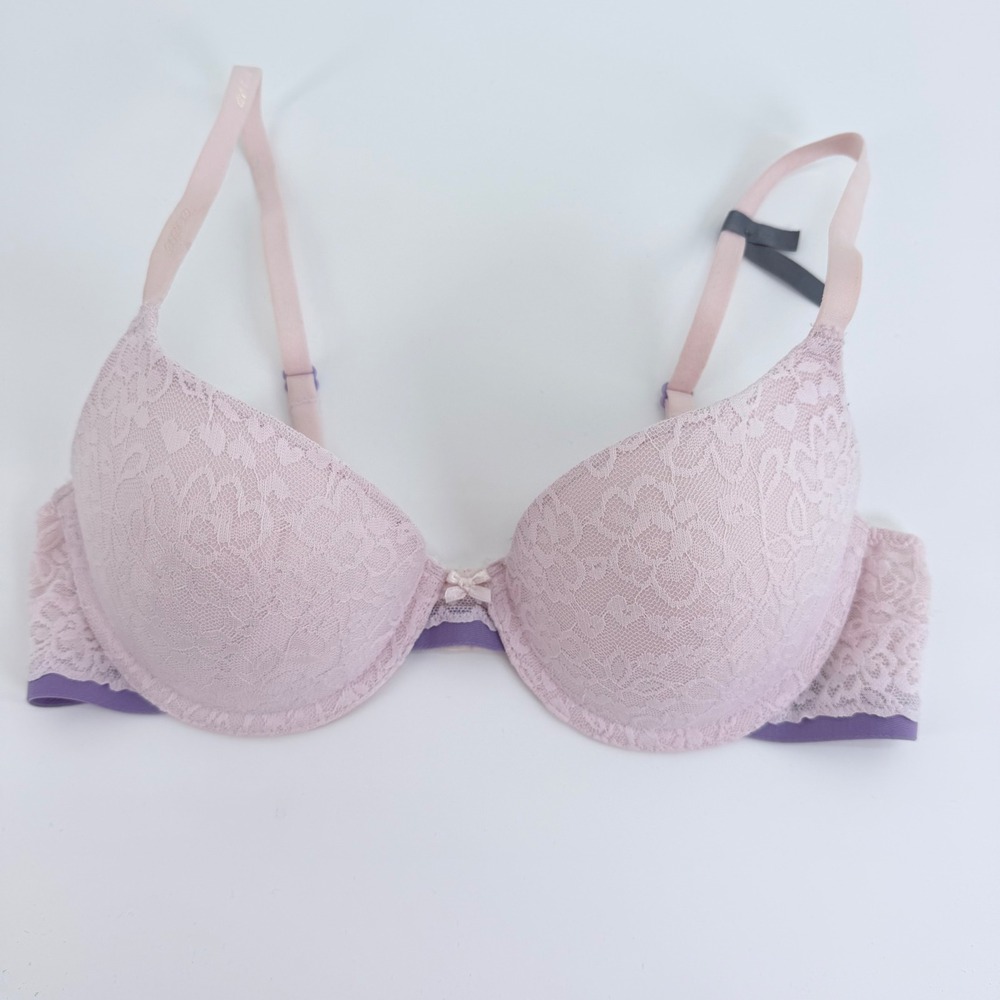 Aerie Bridget Push Up Bra 34C Pink Lavender Floral Lace Underwire T-Shirt Bra